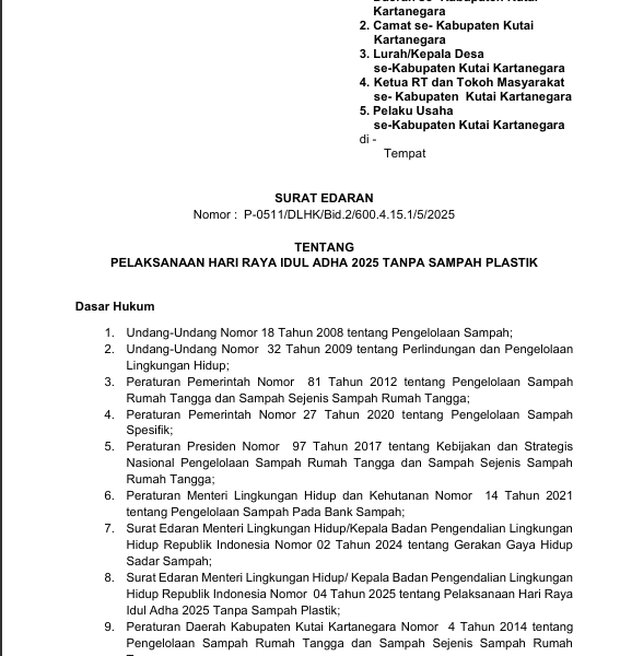 Kecamatan Kota Bangun Dukung Penuh Pelaksanaan Idul Adha 2025 Tanpa Sampah Plastik Sesuai Edaran Bupati Kukar
